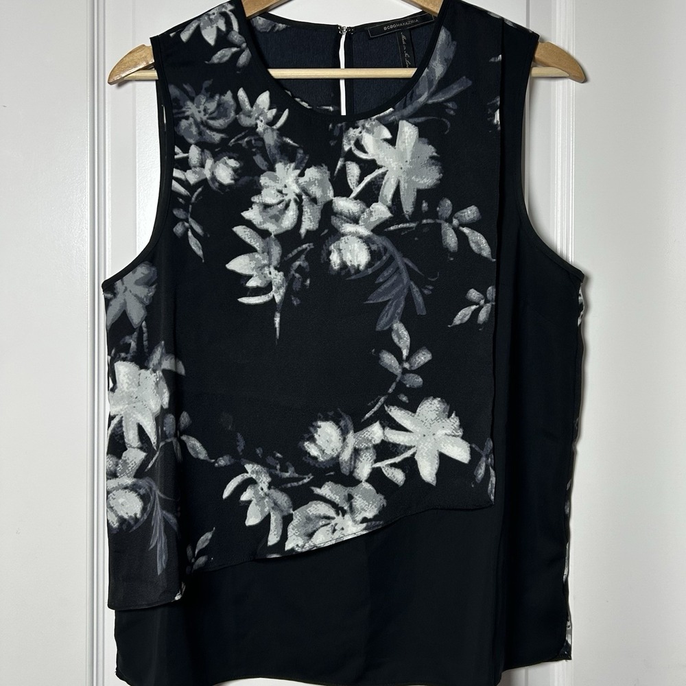 BCBGMAXAZRIA Black‎ Gray Floral Print Asymmetric Tank Top Gothic Romantic Style